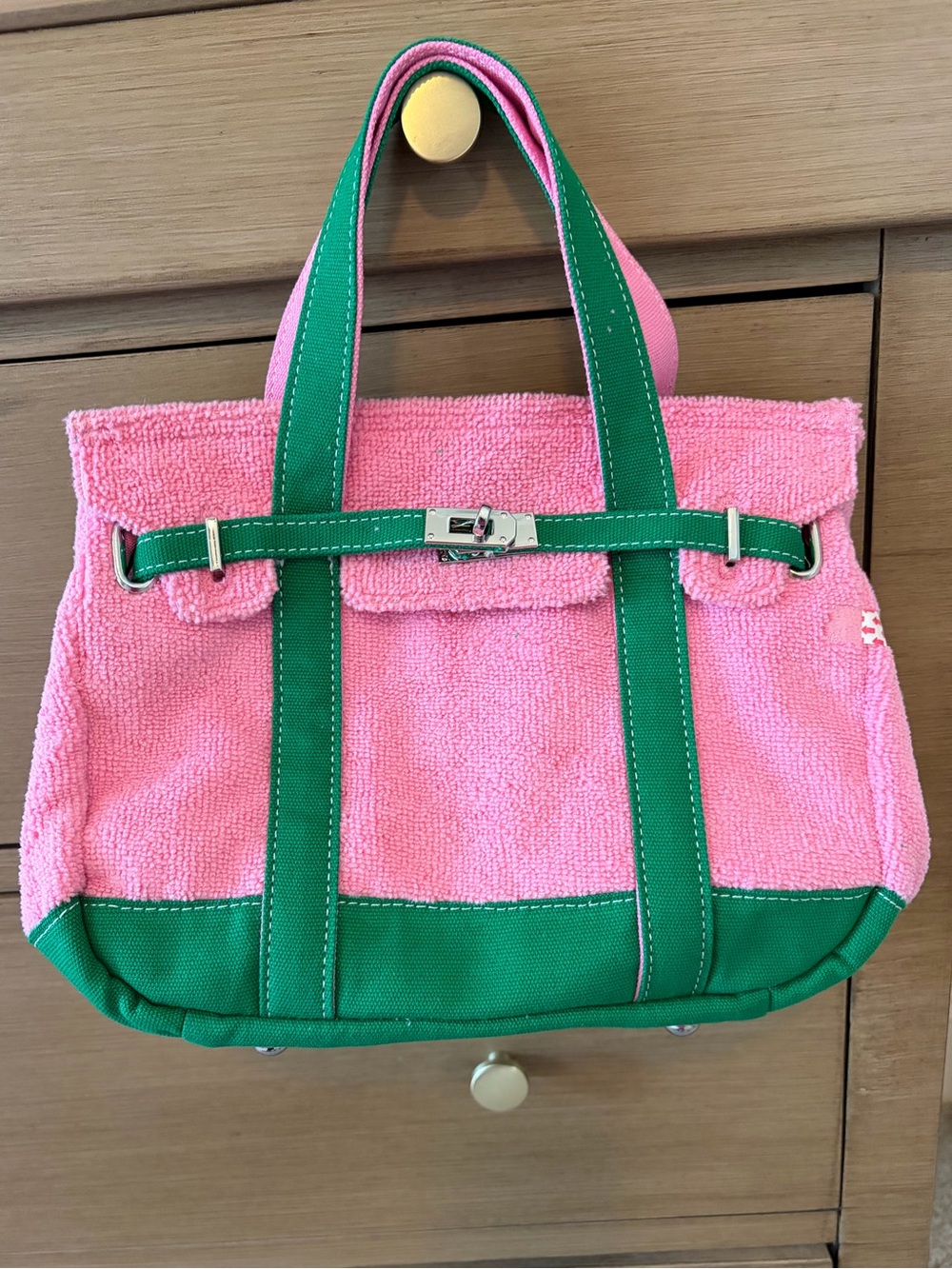 New Terrycloth & Canvas Turn-Lock Tote Bag Boatkin Birkin Pink Green